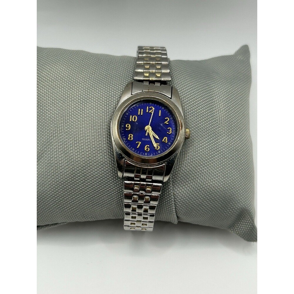 Vintage Quartz Watch Blue Dial Gold Tone Numbers Two Tone Expansion Band